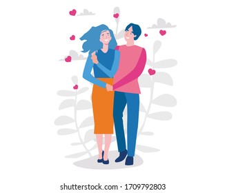 	
Cute young romantic couple in love. Vector illustration for web banner, infographics, mobile. Hugging boyfriend and girlfriend . Valentines Day 