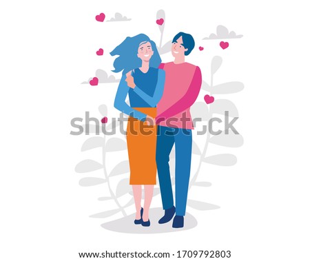 	
Cute young romantic couple in love. Vector illustration for web banner, infographics, mobile. Hugging boyfriend and girlfriend . Valentines Day 