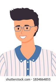 Cute young smiling closeup black-haired guy in glasses. Striped shirt. The man wears glasses. Male smiling portrait. Caucasian or Asian man. Flat design vector illustration. Modern character avatar