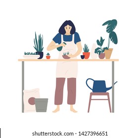 Cute young smiling woman or gardener taking care of home garden, spraying houseplants growing in planters. Portrait of adorable funny girl enjoying her hobby. Flat cartoon colored vector illustration.