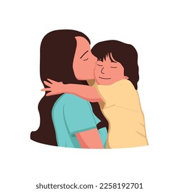 Cute young son holding and hugging his beautiful mother vector drawing