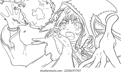 A cute young sorceress in a robe with a hood and elf ears is trying to hold the fireball with her hands in a panic, she screams doubting her abilities realizing that her life is at stake 2d art