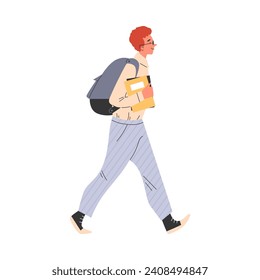 Junge junge Studentinnen in Brillen, die ein Buch halten und mit Rucksack-Seite gehen, flacher Stil, Vektorgrafik einzeln auf weißem Hintergrund. Dekoratives Gestaltungselement, Bildung und Lernen
