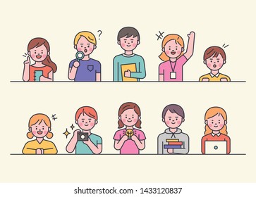 Cute young students are holding objects. flat design style minimal vector illustration.