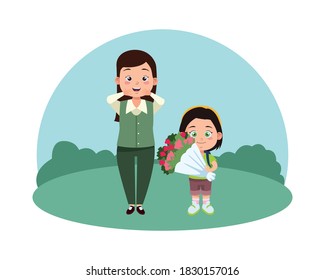 cute young teacher woman and schoolgirl with roses bouquet vector illustration design