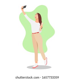 Una joven adolescente que se toma selfie con una gran sonrisa en su cara. Chica sosteniendo un smartphone y posando. Fotografía propia. Feliz persona femenina. Moda de la ropa exterior - Ilustración plana vectorial.