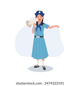 Cute Young Thai girl scout in uniform using megaphone. embodying leadership and communication skills.