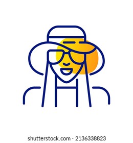 Cute Young Tourist Girl On The Beach Wearing Sunglasses And Hat. Pixel Perfect, Editable Stroke Icon