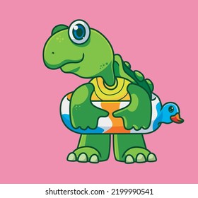 cute young turtle summer wearing lifebuoy. isolated cartoon animal illustration vector