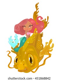 Cute Young Vector Mermaid and Old Goldfish