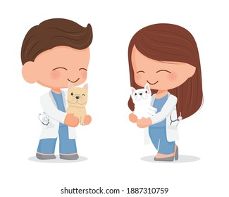 cute young veterinarian couple character flat style isolated on white background