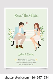 cute young wedding couple purpose in morning coffee time wedding invitation template layout eps10 vectors illustration