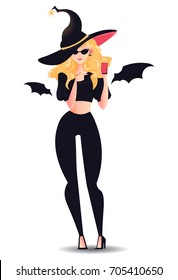 Cute young witch with bat wings smiling and holding mobile phone. Halloween Characters.