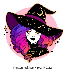 cute young witch with beautiful iridescent hair