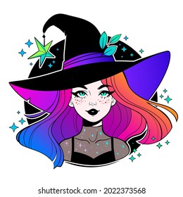 cute young witch with beautiful iridescent hair