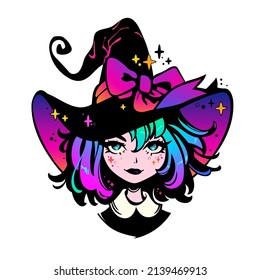 cute young witch with beautiful iridescent hair