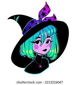 cute young witch with beautiful iridescent hair