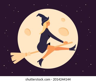 Cute young witch character in Halloween costume flying on a broomstick on the background of a full moon and stars. Happy Halloween concept. Modern vector cartoon illustration