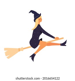 Cute young witch character in Halloween costume flying on a broomstick isolated. Modern vector cartoon illustration