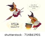 Cute young witch flies on a broomstick and cooks a potion in the cauldron. Set of clipart for Halloween. Vector illustration on white background