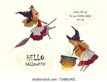 Cute young witch flies on a broomstick and cooks a potion in the cauldron. Set of clipart for Halloween. Vector illustration on white background