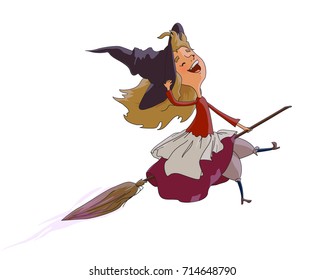 Cute young witch is flying on a broomstick. Illustration for Halloween and Fairy Tales. Vector drawing of a hand isolated on white background.