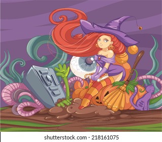 cute young witch at graveyard with a pumpkin, a broom, a cat and a zombie