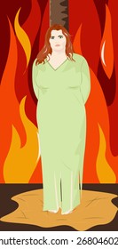 Cute young witch in green dress tied to a post on the background of fire