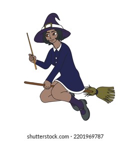 Cute young witch for halloween flying on a broom. Vector illustration isolated on white background.