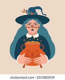 Linda bruja joven sosteniendo en las manos caldero con poción hirviendo. Arte de Clip de Vector para la tarjeta de Halloween, invitación del partido, etiqueta engomada. Personaje de dibujos animados de bruja en sombrero con olla. Brujería.	Diseño plano.