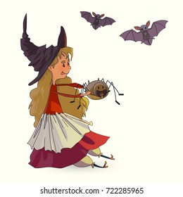 Cute young witch holds a spider. Bats are flying. Characters from the collection of Halloween. Vector illustration isolated on white background