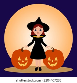 Cute young witch in magic hat with two jack o'lanterns. Halloween concept