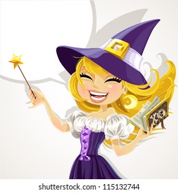 Cute young witch with magic wand and book