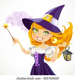 Cute young witch with magic wand and flashlight isolated on a white background