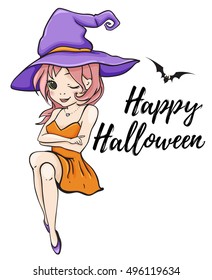 Cute young witch on a white background. Halloween greeting card. Hand drawn vector illustration. 