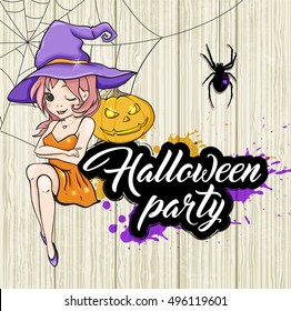 Cute young witch and pumpkin. Design for Halloween party. Vector illustration. 