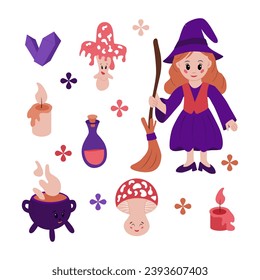 Cute young witch and related magical items. Vector funny character with mushrooms and cauldron in flat cartoon style. Perfect for printout, stickers, prints, patterns