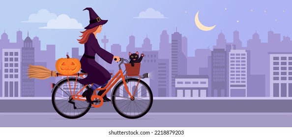 Cute young witch riding a bicycle with her black cat at night in the city street, she is carrying a broom and a pumpkin