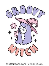 Cute young witch withbeautiful blue hair. Retro 70s 60s Hippie Groovy Halloween