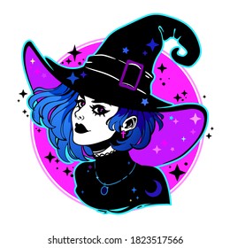 cute young witch withbeautiful iridescent hair