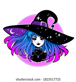 cute young witch withbeautiful iridescent hair