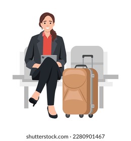 Cute young woan sitting in an airport lounge, and working on a tablet or gadget or laptop. Flat vector illustration isolated on white background