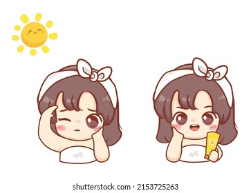 Cute Young woman apply skin face with sunscreen