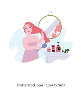 Cute Young Woman In Bath Towel Brushing Her Hair In Front Of The Mirror Next To The Haircare Products. Cut Handdrawn Illustration Of Ginger Girl In Light Colors