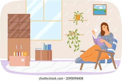 Cute young woman in chair reading book drinking tea. Home and beauty girl literature and information. Lady studying textbook. Person spends time rests in apartment with paper book and cup of hot drink