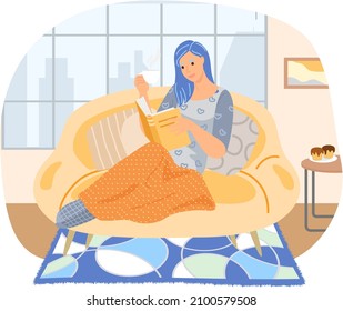 Cute young woman in chair reading book drinking tea. Home and beauty girl literature and information. Lady studying textbook. Person spends time rests in apartment with paper book and cup of hot drink