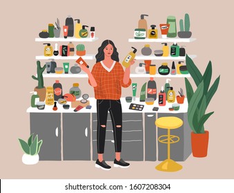 Joven mujer linda eligiendo cosméticos naturales y productos ecológicos en la tienda. Auxiliar de tienda, cosmética, skincare, maquillaje y productos de belleza, carácter comprador. Ilustración vectorial de dibujos animados