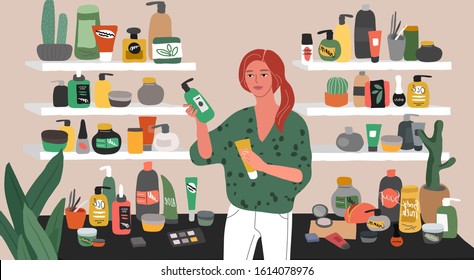 Cute young woman choosing natural cosmetics and eco products in store. Female shop assistant, cosmetic, skincare, makeup and beauty products buyer character. Cartoon vector illustration