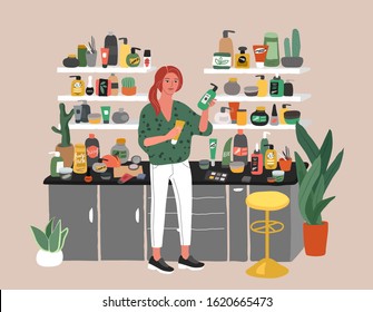 Cute young woman choosing natural cosmetics and eco products in store. Female shop assistant, cosmetic, skincare, makeup and beauty products buyer character. Cartoon vector illustration