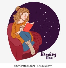 Cute, young woman covered with blanket sitting on armchair and reading a book